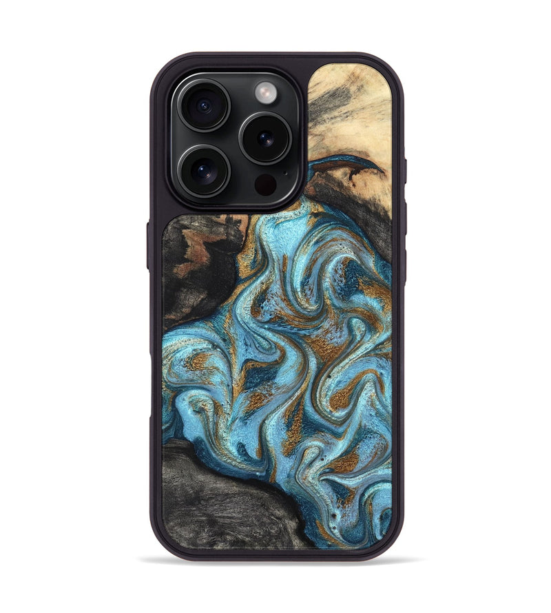 iPhone 16 Pro Wood Phone Case - Saylor (Teal & Gold, 825001)