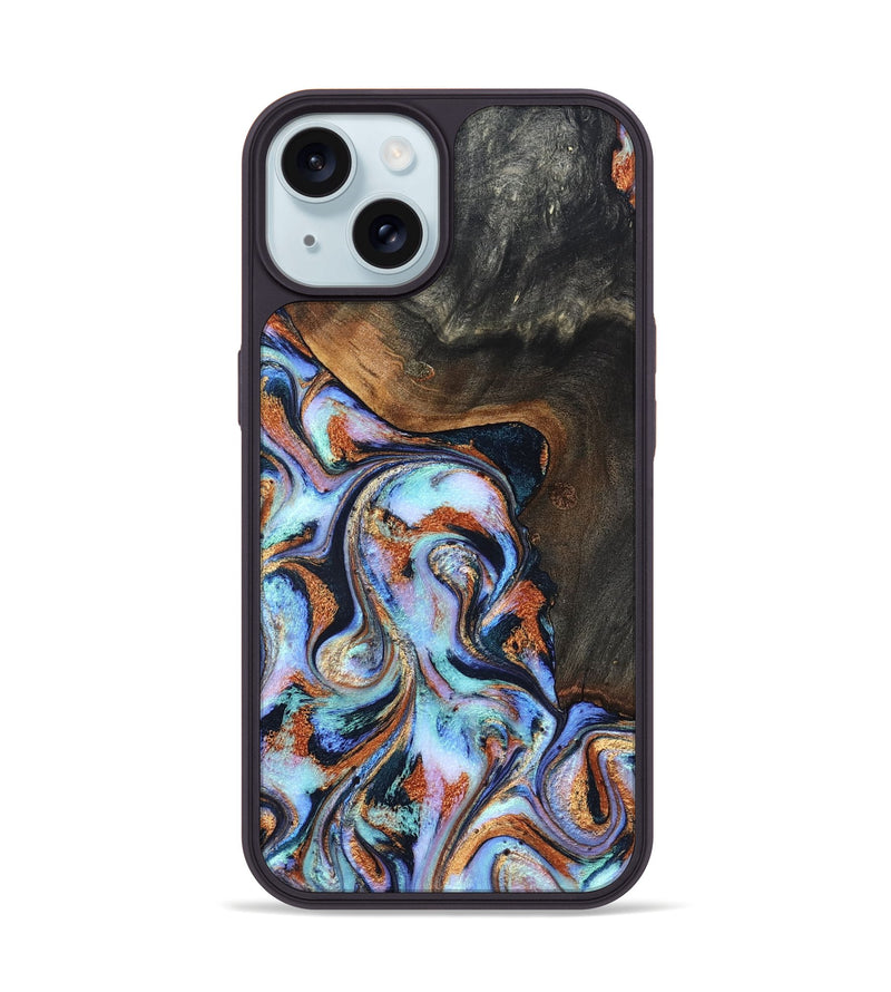 iPhone 15 Wood Phone Case - Angel (Teal & Gold, 825002)