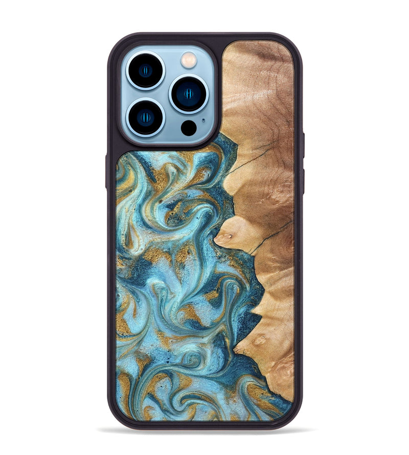 iPhone 14 Pro Max Wood Phone Case - Dayton (Teal & Gold, 825003)