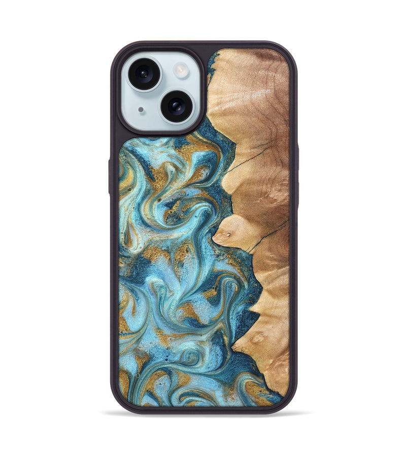 iPhone 15 Wood Phone Case - Dayton (Teal & Gold, 825003)