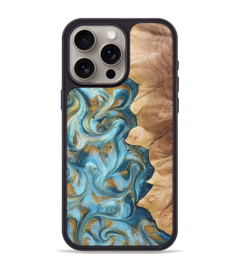 iPhone 15 Pro Max Wood Phone Case - Dayton (Teal & Gold, 825003)