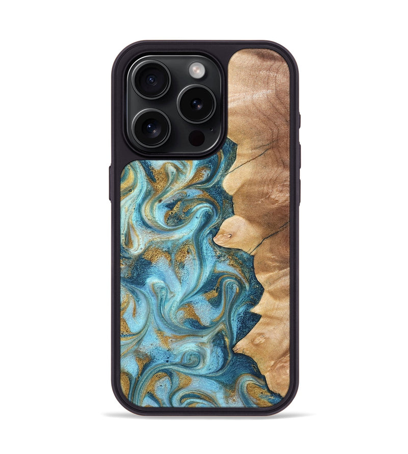 iPhone 15 Pro Wood Phone Case - Dayton (Teal & Gold, 825003)