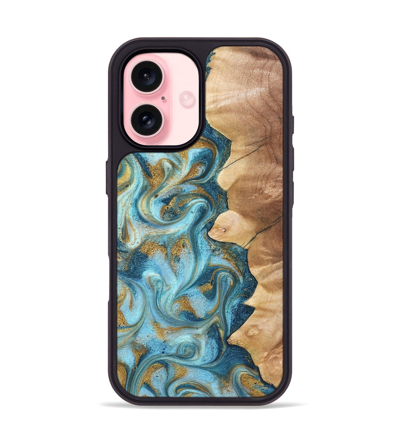 iPhone 16 Wood Phone Case - Dayton (Teal & Gold, 825003)