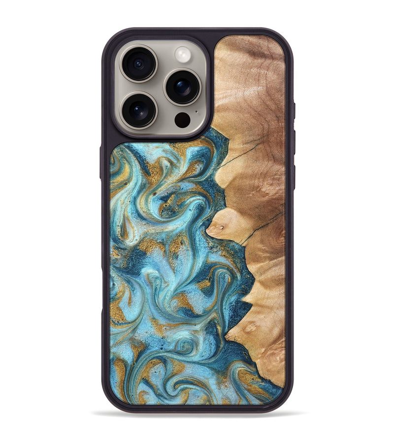 iPhone 16 Pro Max Wood Phone Case - Dayton (Teal & Gold, 825003)