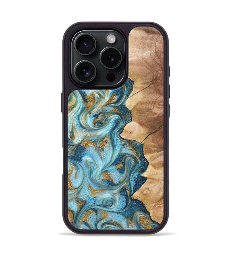 iPhone 16 Pro Wood Phone Case - Dayton (Teal & Gold, 825003)