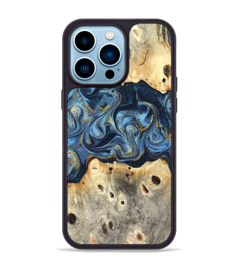 iPhone 14 Pro Max Wood Phone Case - Hosea (Teal & Gold, 825004)