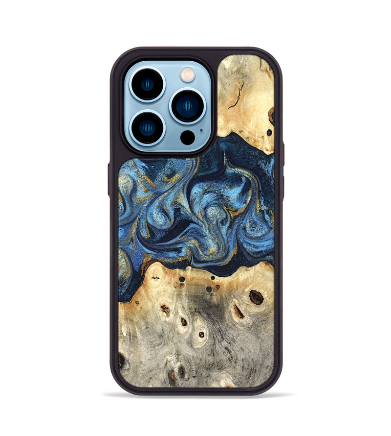iPhone 14 Pro Wood Phone Case - Hosea (Teal & Gold, 825004)