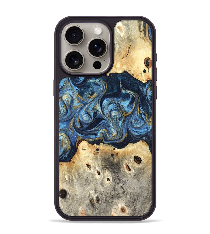 iPhone 15 Pro Max Wood Phone Case - Hosea (Teal & Gold, 825004)