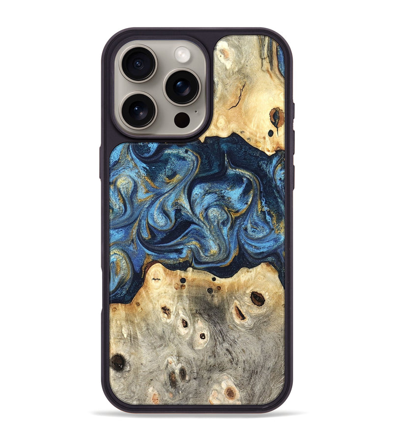 iPhone 16 Pro Max Wood Phone Case - Hosea (Teal & Gold, 825004)
