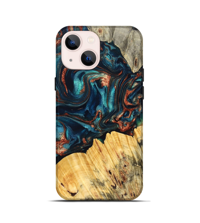 iPhone 13 mini Wood Live Edge Phone Case - Joana (Teal & Gold, 825117)