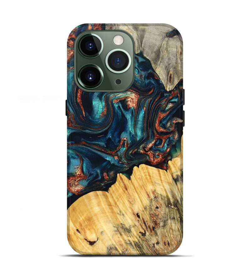 iPhone 13 Pro Wood Live Edge Phone Case - Joana (Teal & Gold, 825117)