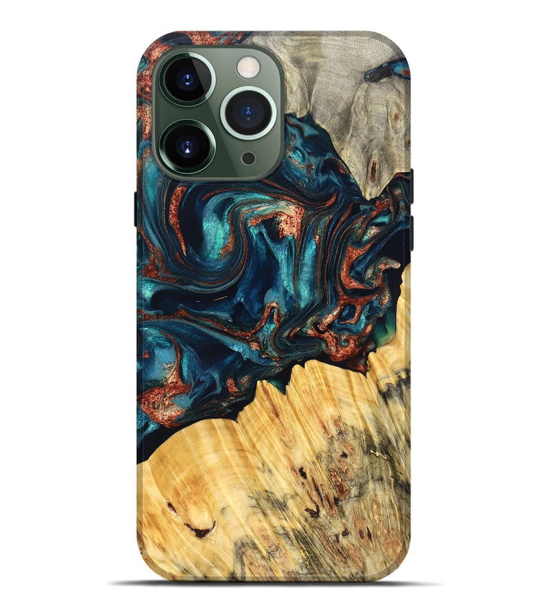 iPhone 13 Pro Max Wood Live Edge Phone Case - Joana (Teal & Gold, 825117)