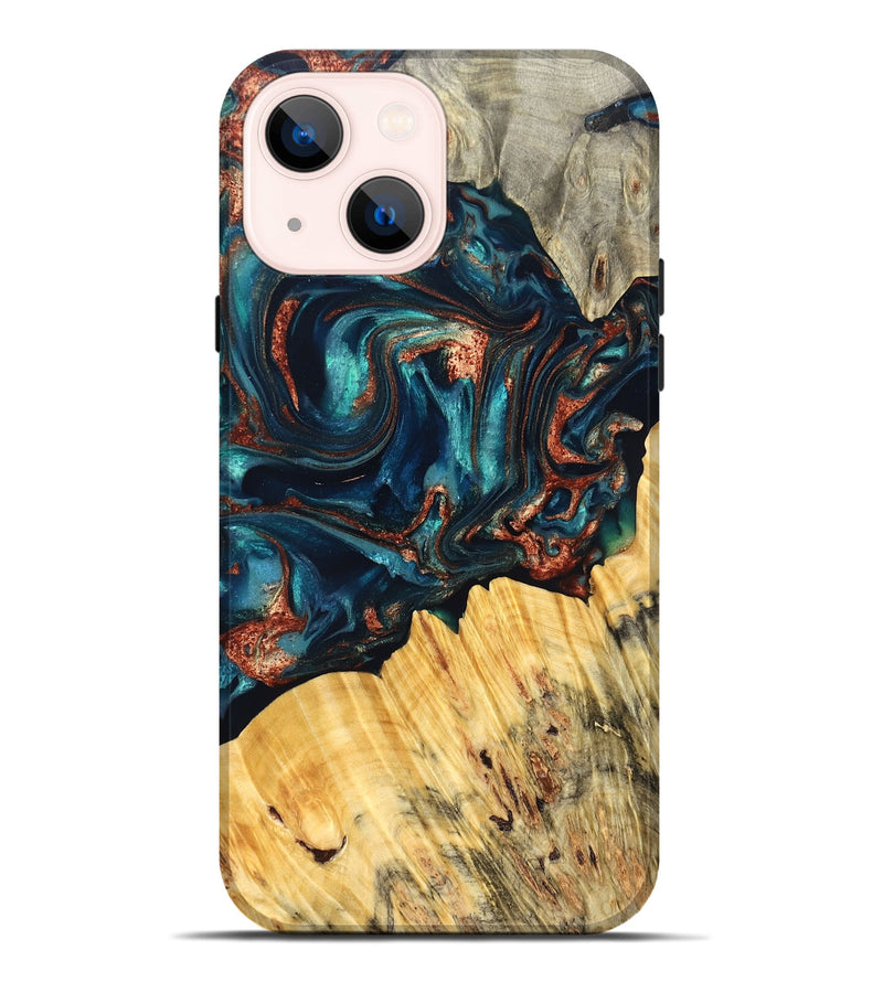 iPhone 14 Plus Wood Live Edge Phone Case - Joana (Teal & Gold, 825117)