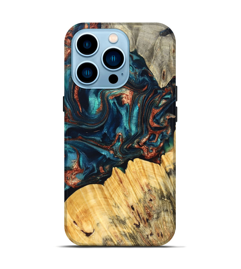 iPhone 14 Pro Wood Live Edge Phone Case - Joana (Teal & Gold, 825117)