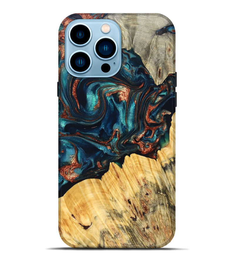 iPhone 14 Pro Max Wood Live Edge Phone Case - Joana (Teal & Gold, 825117)