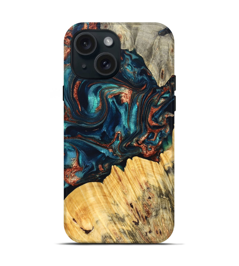 iPhone 15 Wood Live Edge Phone Case - Joana (Teal & Gold, 825117)