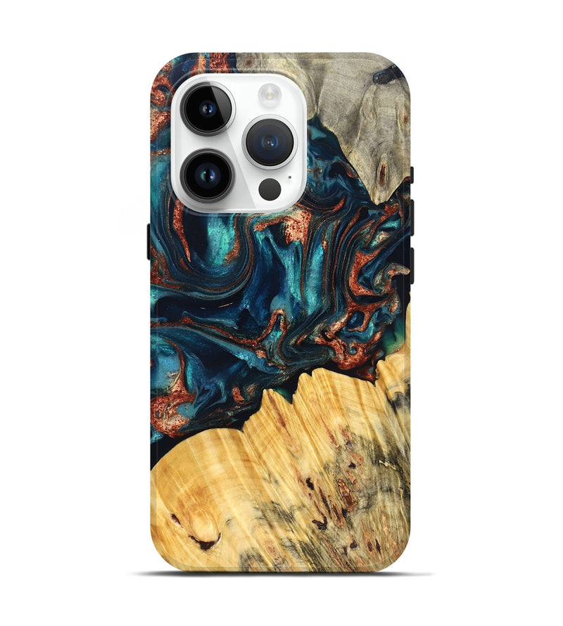 iPhone 15 Pro Wood Live Edge Phone Case - Joana (Teal & Gold, 825117)