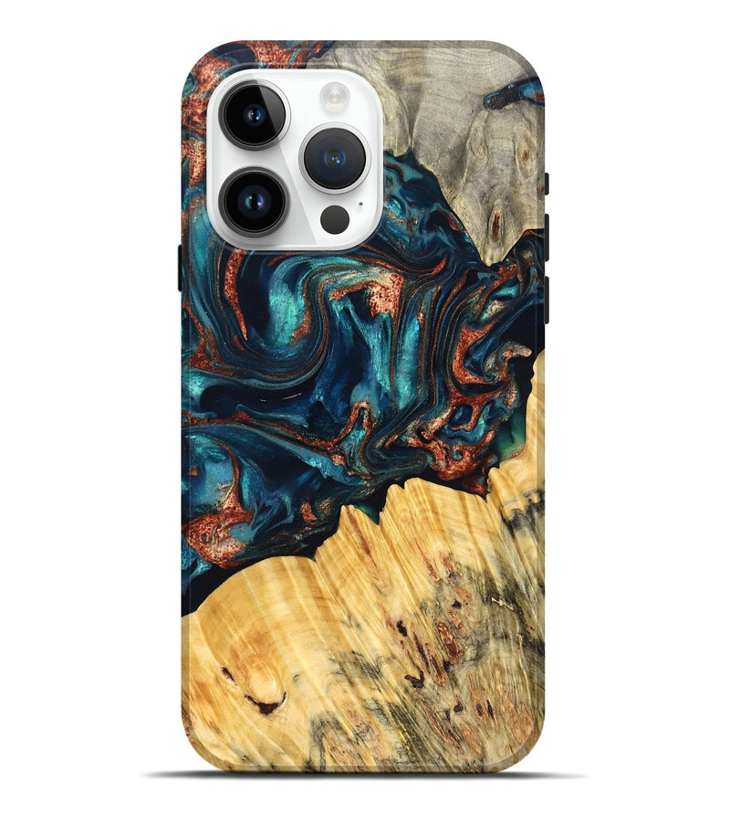iPhone 15 Pro Max Wood Live Edge Phone Case - Joana (Teal & Gold, 825117)