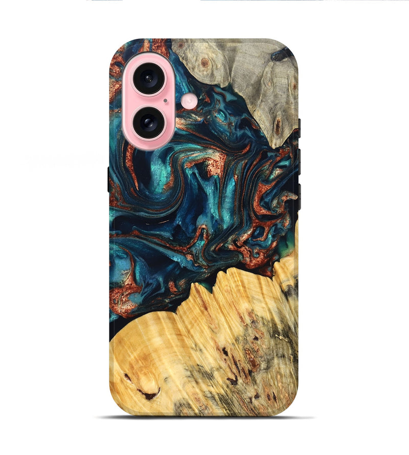 iPhone 16 Wood Live Edge Phone Case - Joana (Teal & Gold, 825117)