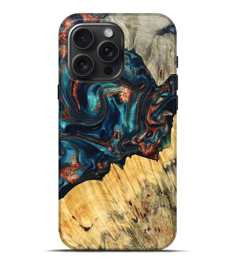 iPhone 16 Pro Max Wood Live Edge Phone Case - Joana (Teal & Gold, 825117)