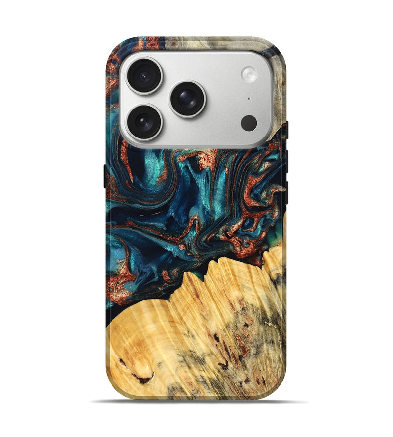 iPhone 17 Pro Wood Live Edge Phone Case - Joana (Teal & Gold, 825117)