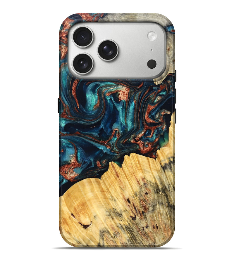 iPhone 17 Pro Max Wood Live Edge Phone Case - Joana (Teal & Gold, 825117)