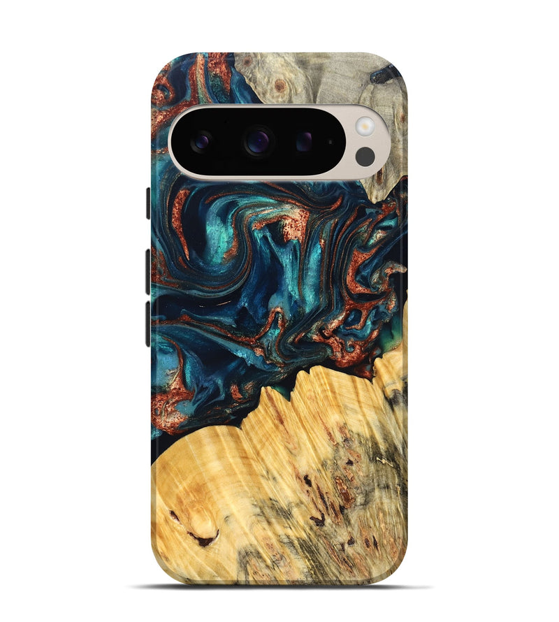 Pixel 9 Pro Wood Live Edge Phone Case - Joana (Teal & Gold, 825117)