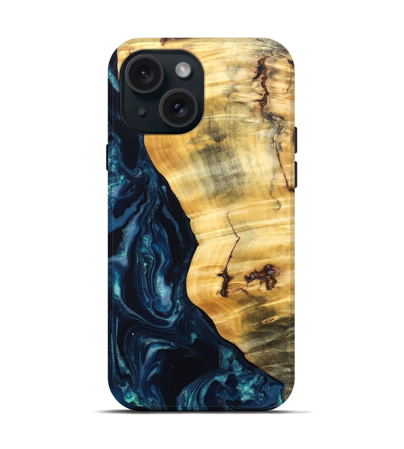 iPhone 15 Wood Live Edge Phone Case - Liz (Blue, 825122)