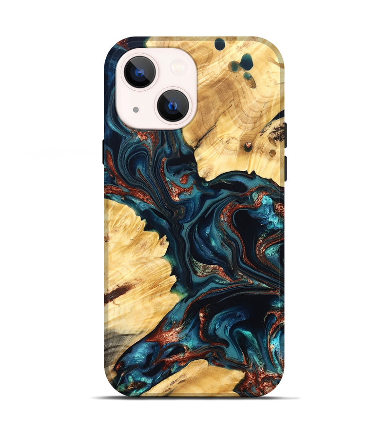 iPhone 13 Wood Live Edge Phone Case - Amayah (Teal & Gold, 825123)