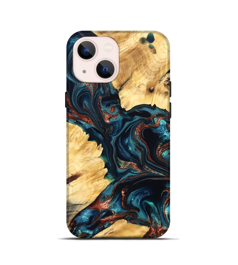 iPhone 13 mini Wood Live Edge Phone Case - Amayah (Teal & Gold, 825123)