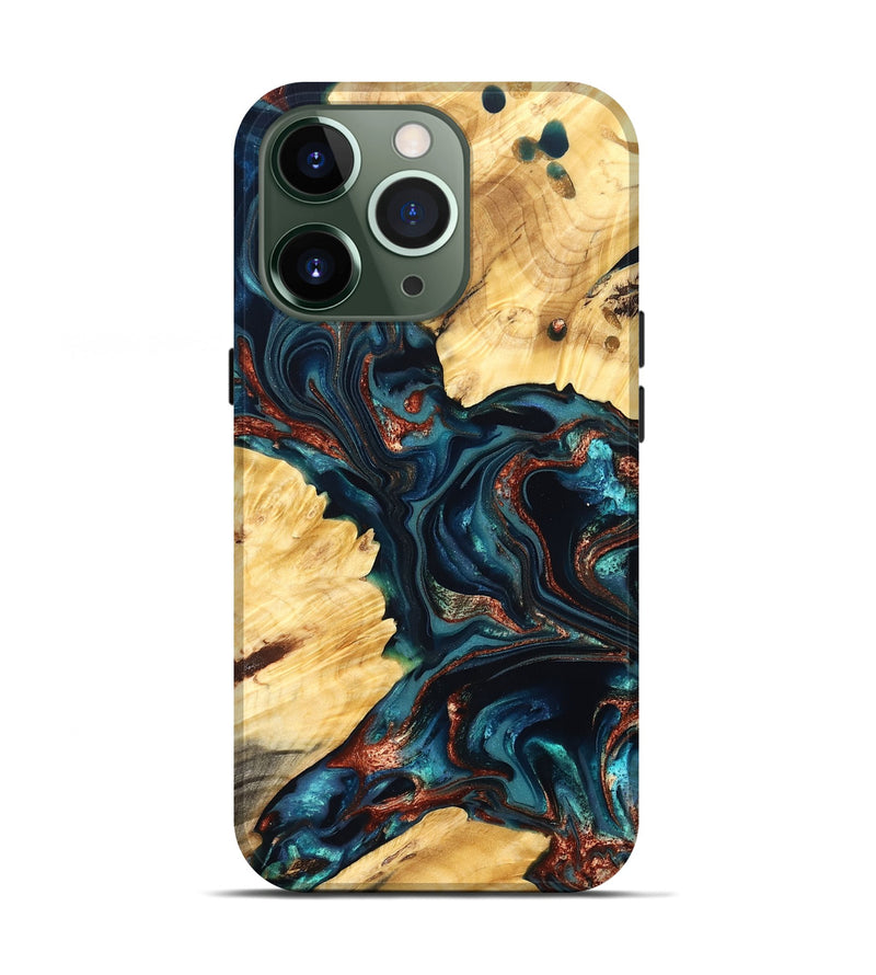 iPhone 13 Pro Wood Live Edge Phone Case - Amayah (Teal & Gold, 825123)