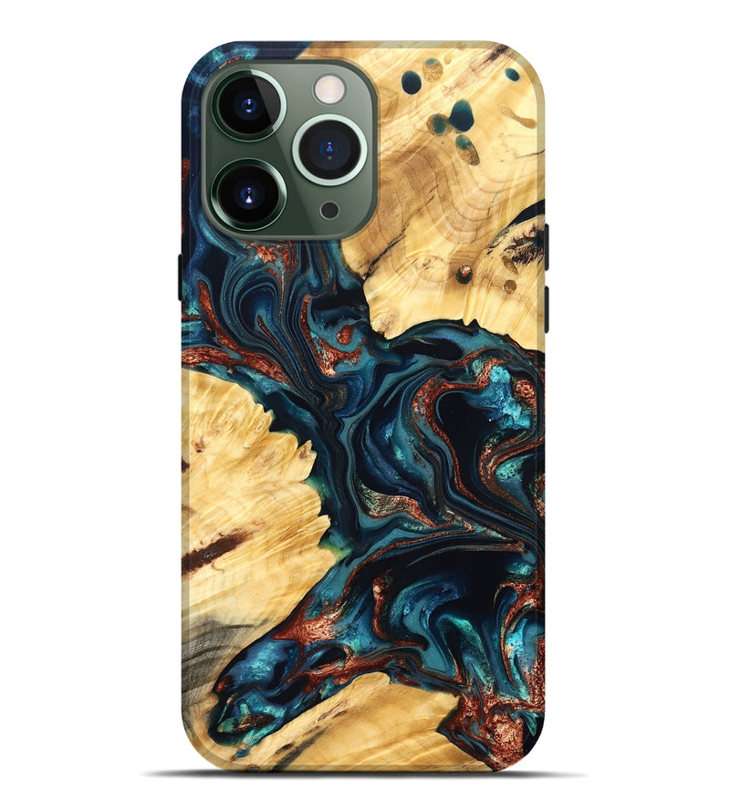 iPhone 13 Pro Max Wood Live Edge Phone Case - Amayah (Teal & Gold, 825123)
