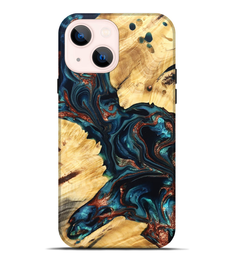 iPhone 14 Plus Wood Live Edge Phone Case - Amayah (Teal & Gold, 825123)