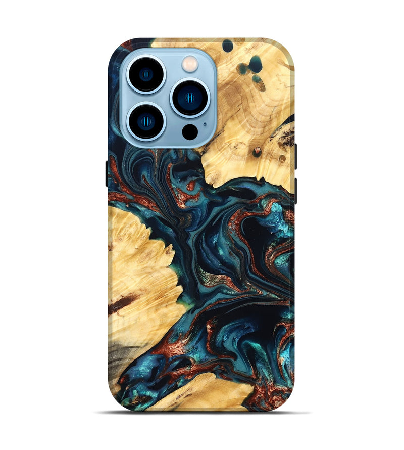 iPhone 14 Pro Wood Live Edge Phone Case - Amayah (Teal & Gold, 825123)