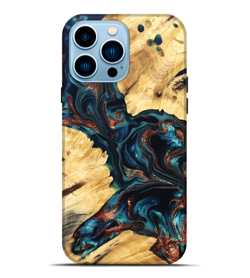 iPhone 14 Pro Max Wood Live Edge Phone Case - Amayah (Teal & Gold, 825123)