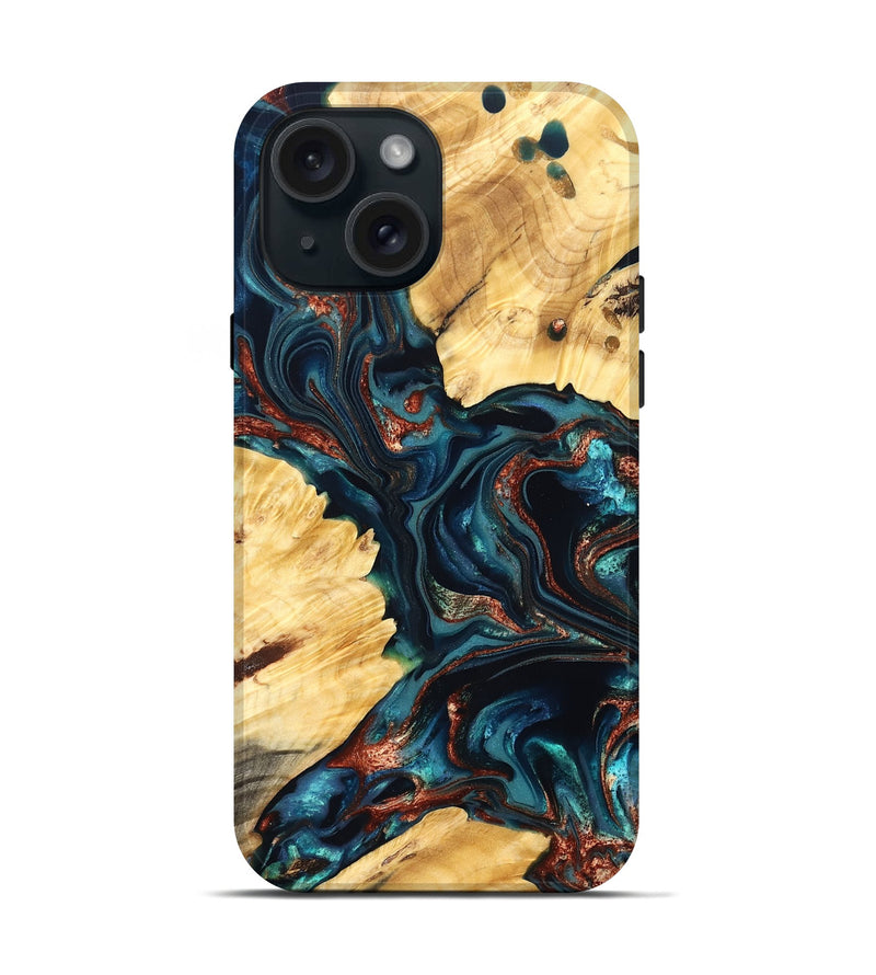 iPhone 15 Wood Live Edge Phone Case - Amayah (Teal & Gold, 825123)