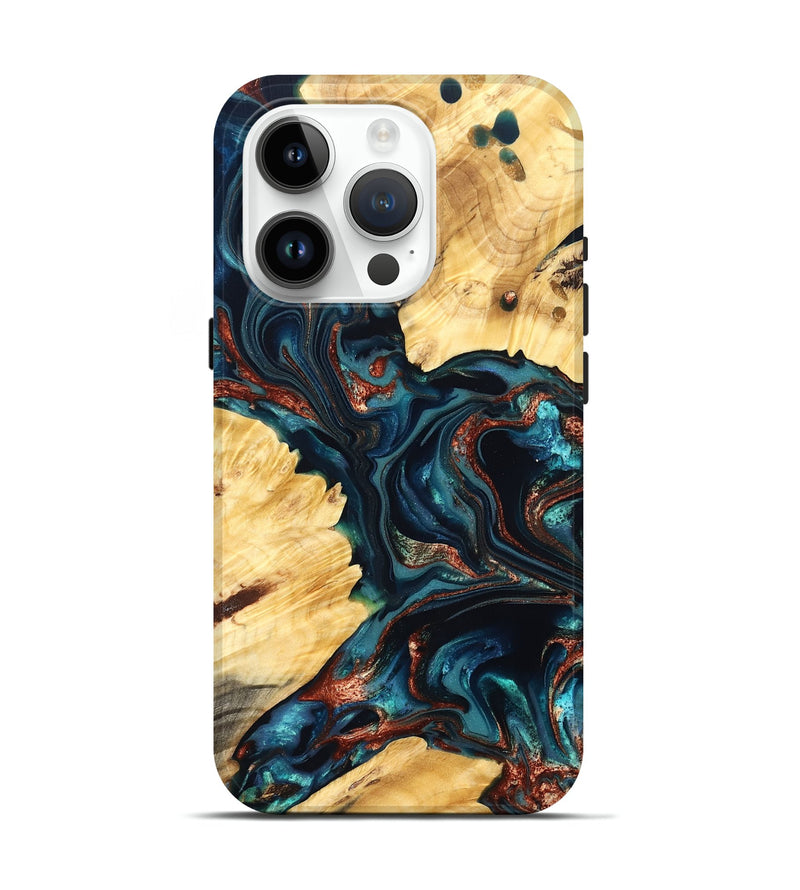 iPhone 15 Pro Wood Live Edge Phone Case - Amayah (Teal & Gold, 825123)