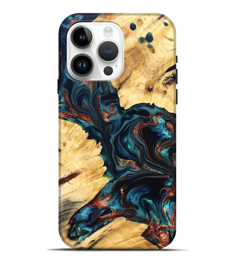 iPhone 15 Pro Max Wood Live Edge Phone Case - Amayah (Teal & Gold, 825123)