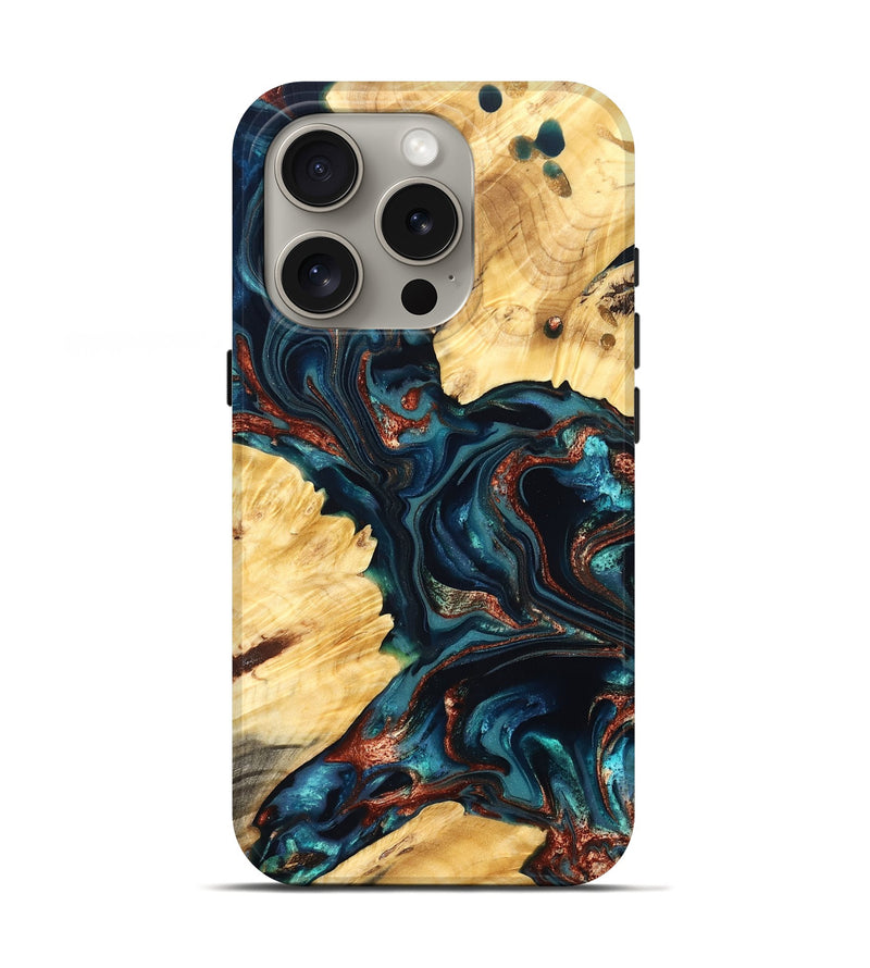 iPhone 16 Pro Wood Live Edge Phone Case - Amayah (Teal & Gold, 825123)