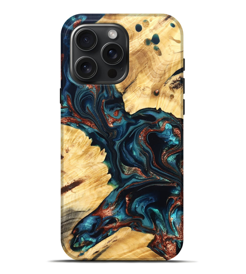 iPhone 16 Pro Max Wood Live Edge Phone Case - Amayah (Teal & Gold, 825123)