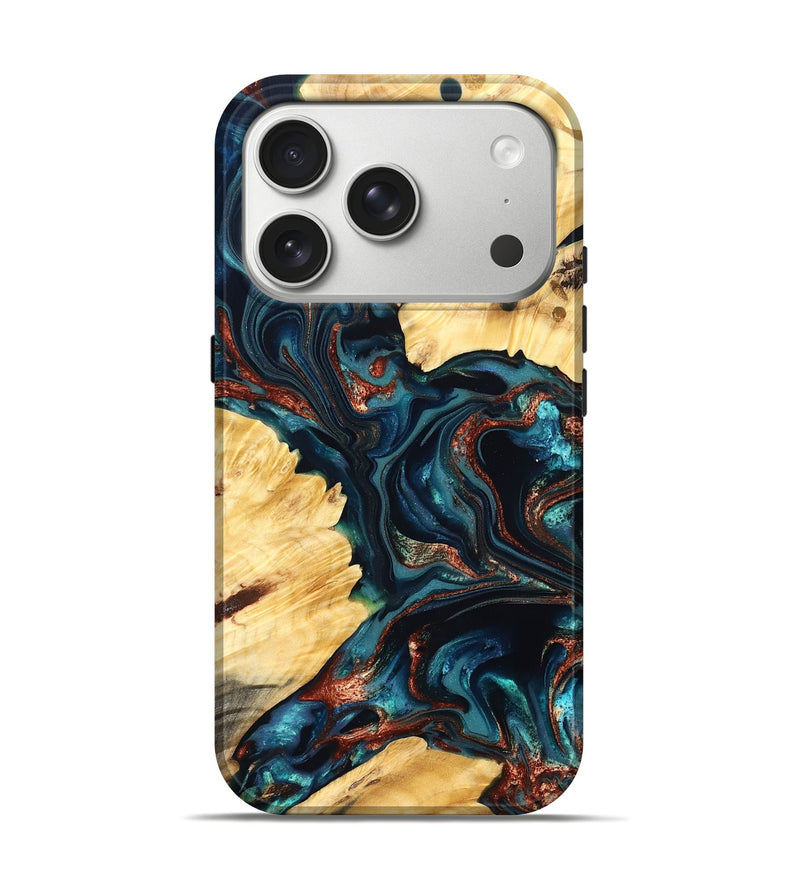 iPhone 17 Pro Wood Live Edge Phone Case - Amayah (Teal & Gold, 825123)