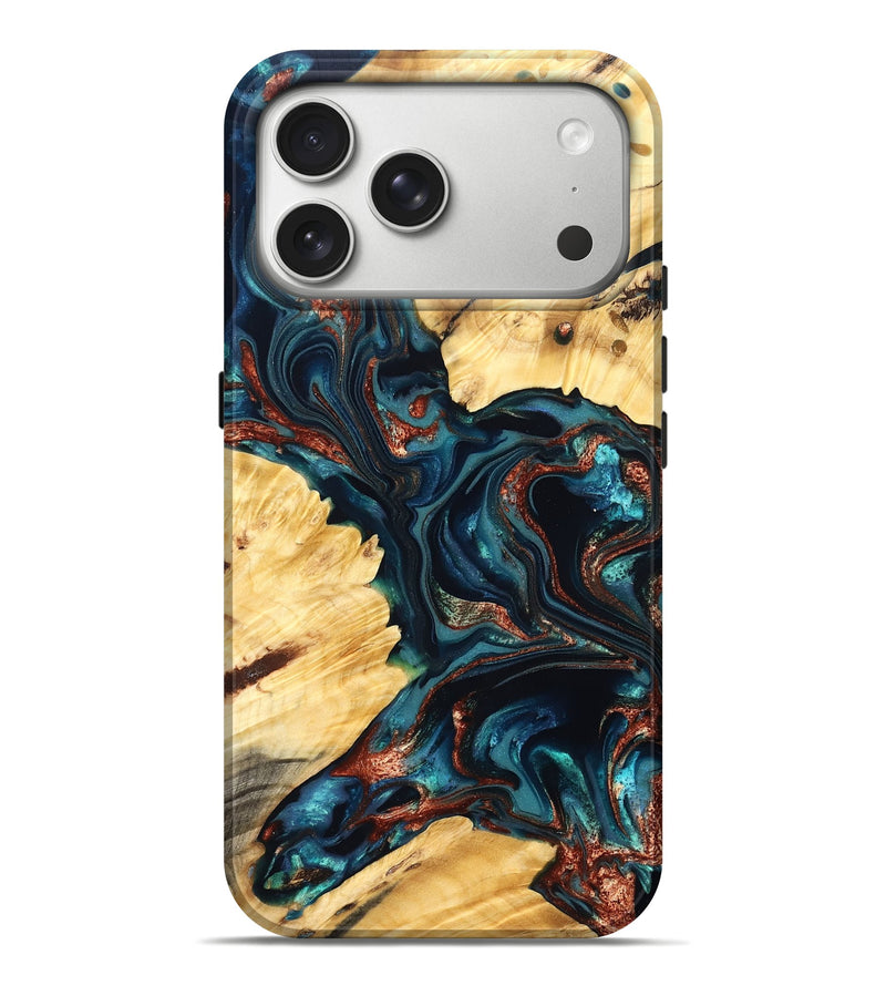iPhone 17 Pro Max Wood Live Edge Phone Case - Amayah (Teal & Gold, 825123)