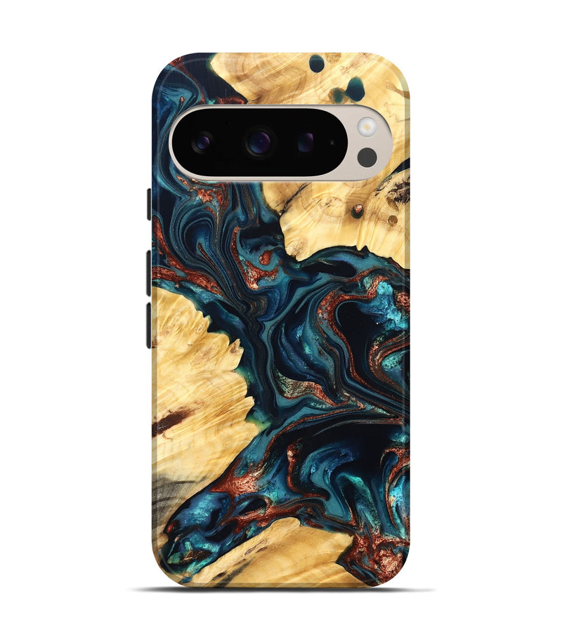 Pixel 9 Wood Live Edge Phone Case - Amayah (Teal & Gold, 825123)