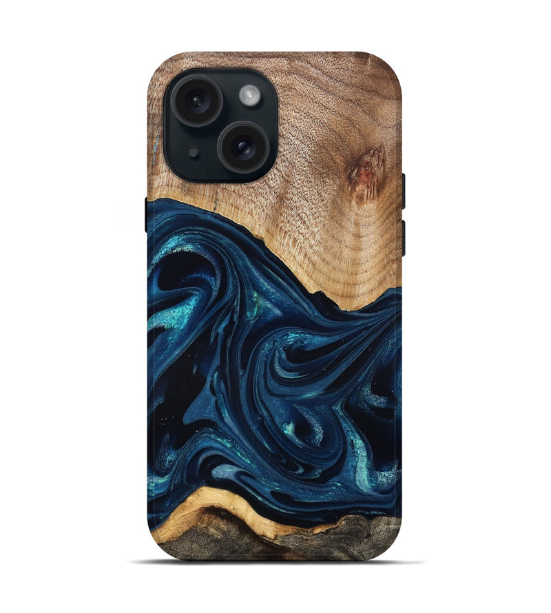 iPhone 15 Wood Live Edge Phone Case - Ivan (Blue, 825124)