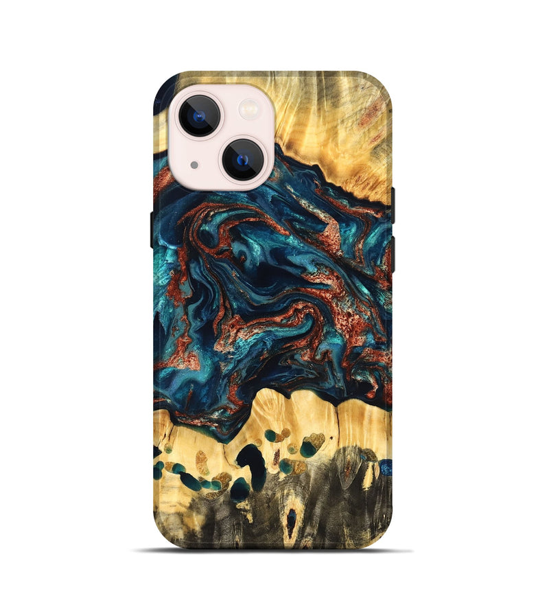 iPhone 13 mini Wood Live Edge Phone Case - Nikia (Teal & Gold, 825126)