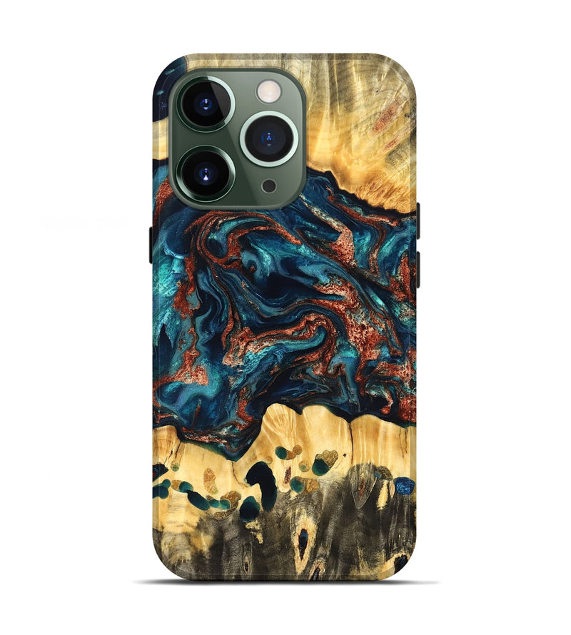 iPhone 13 Pro Wood Live Edge Phone Case - Nikia (Teal & Gold, 825126)