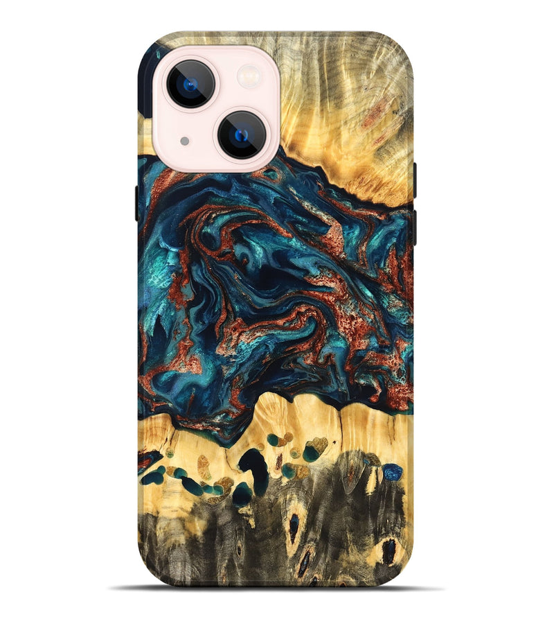 iPhone 14 Plus Wood Live Edge Phone Case - Nikia (Teal & Gold, 825126)