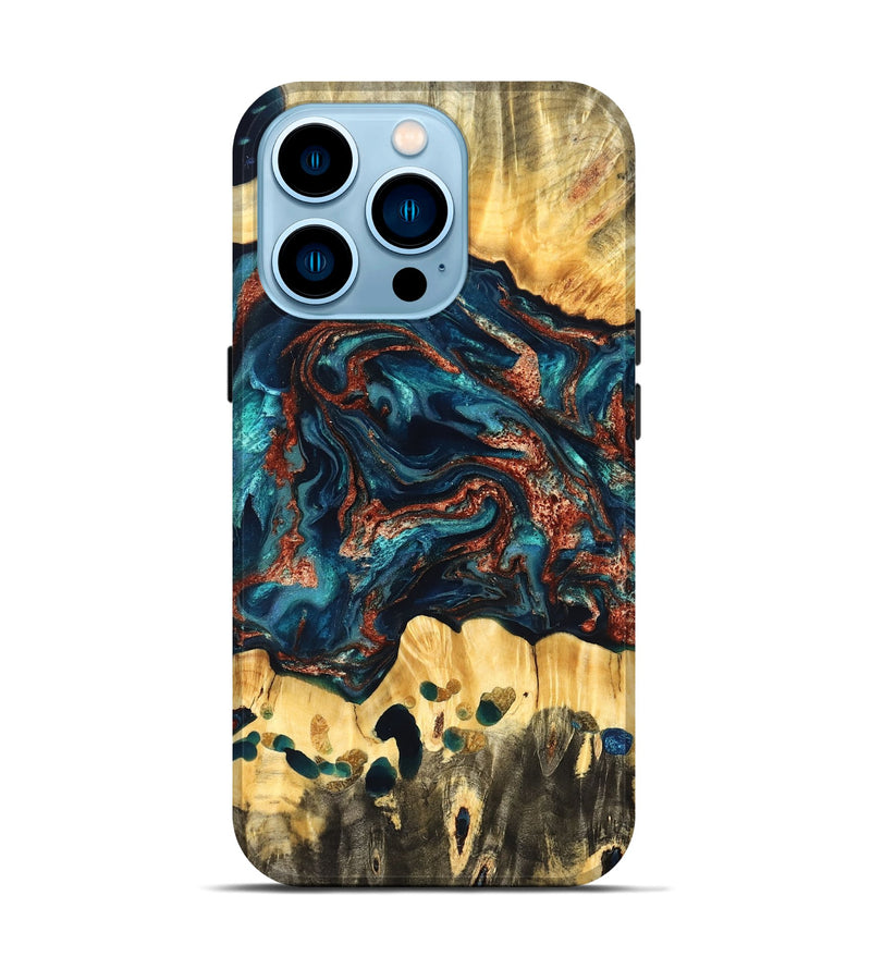 iPhone 14 Pro Wood Live Edge Phone Case - Nikia (Teal & Gold, 825126)