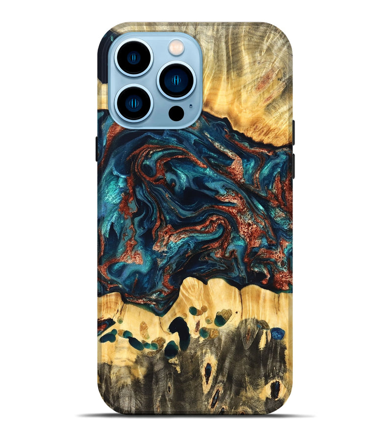 iPhone 14 Pro Max Wood Live Edge Phone Case - Nikia (Teal & Gold, 825126)
