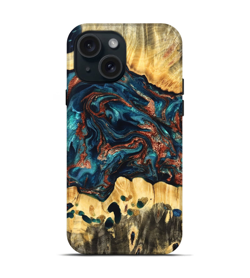 iPhone 15 Wood Live Edge Phone Case - Nikia (Teal & Gold, 825126)